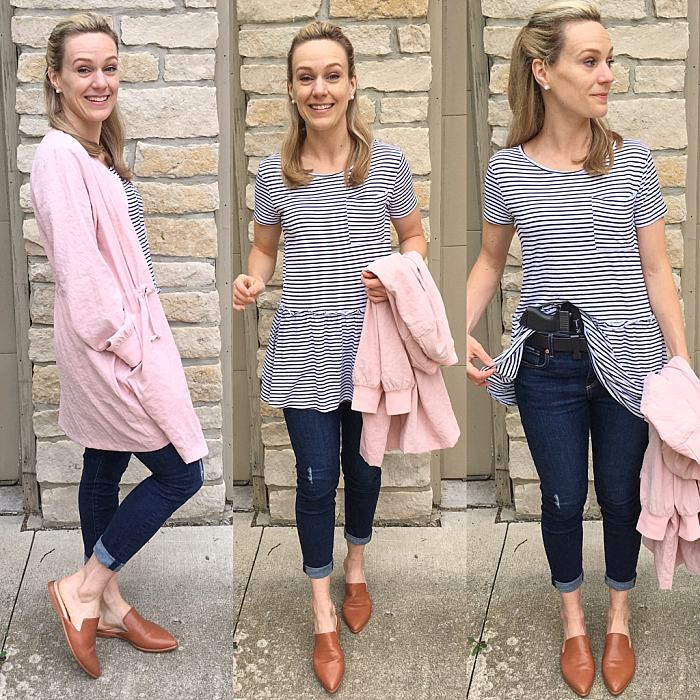 Striped Peplum . pointy toed slides . Long Pink Bomber Jacket . Concealed Carry Outfit_0371.jpg