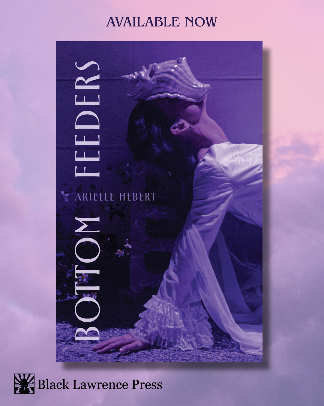 A purple cloudy sky in the background with the cover of Bottom Feeders in the foreground, featuring a woman in a white dress leaning back against a cinder block with a conch shell over her face.