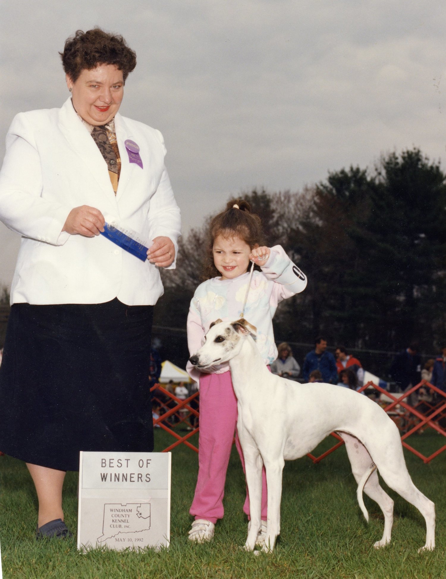 Ch. Bohem La Boheme with Ashley Giles and judge Mrs. Polly Smith, 1992. 