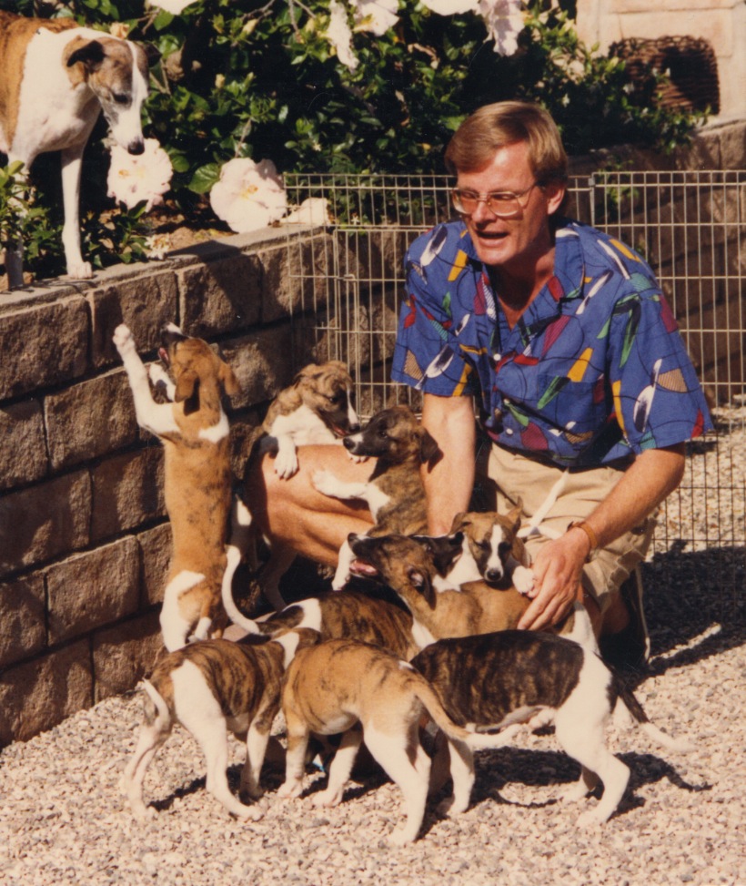 Bo in 1988 with Aria and her second litter, five of which grew up to become champions, several of whom also had lure coursing titles.