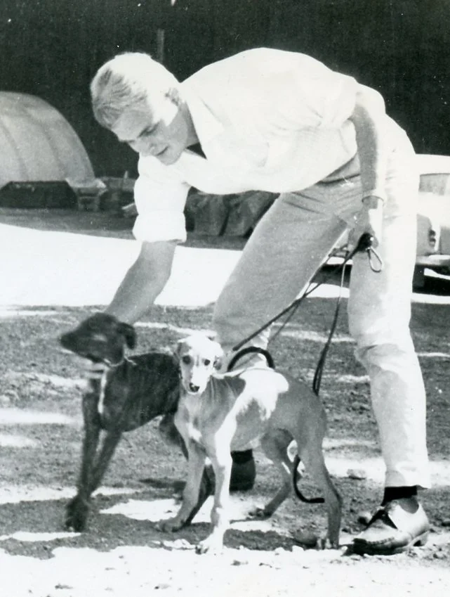 Bo with Greyhound puppies Guld (right) and her sister Sekin , 1966.