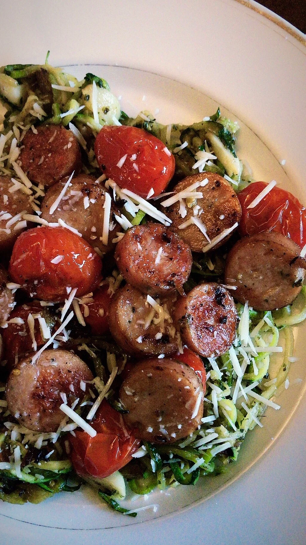Zoodles with Charred Tomatoes and Chicken Sausages