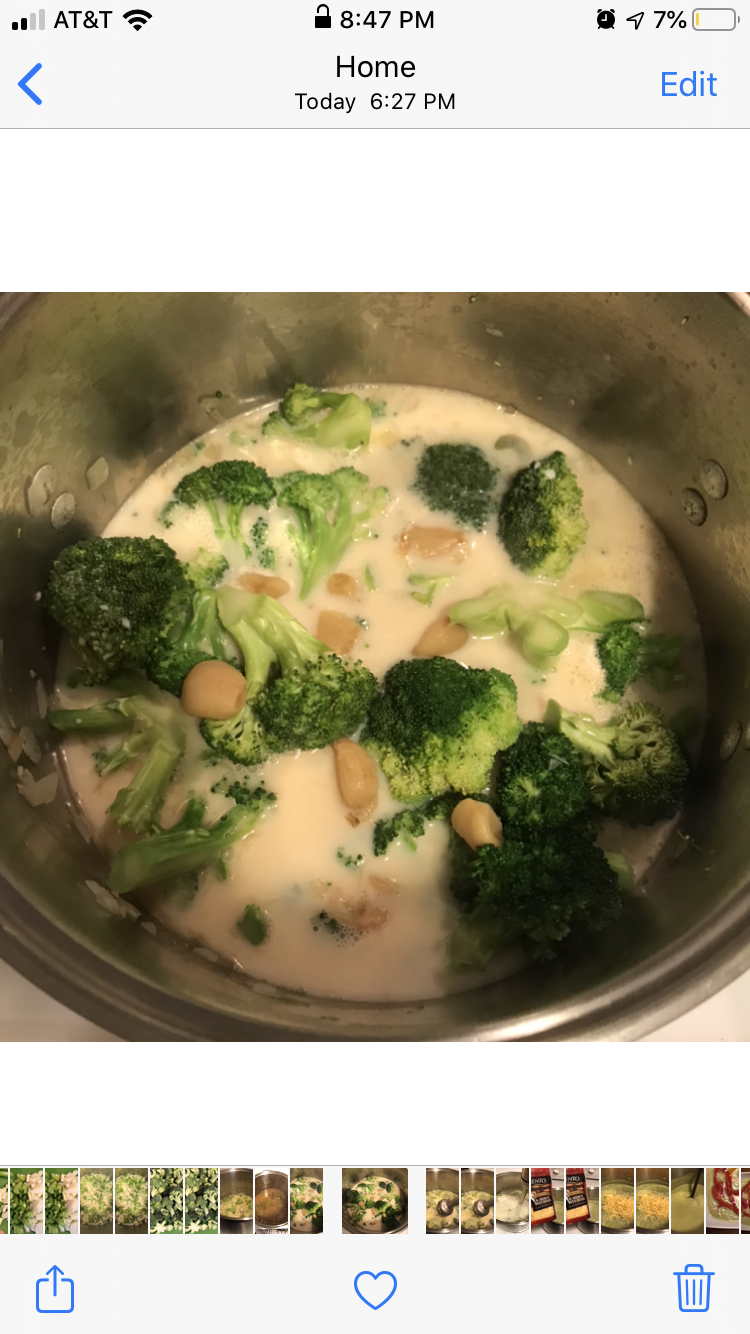 Add the broth, broccoli, and roasted garlic to the pot