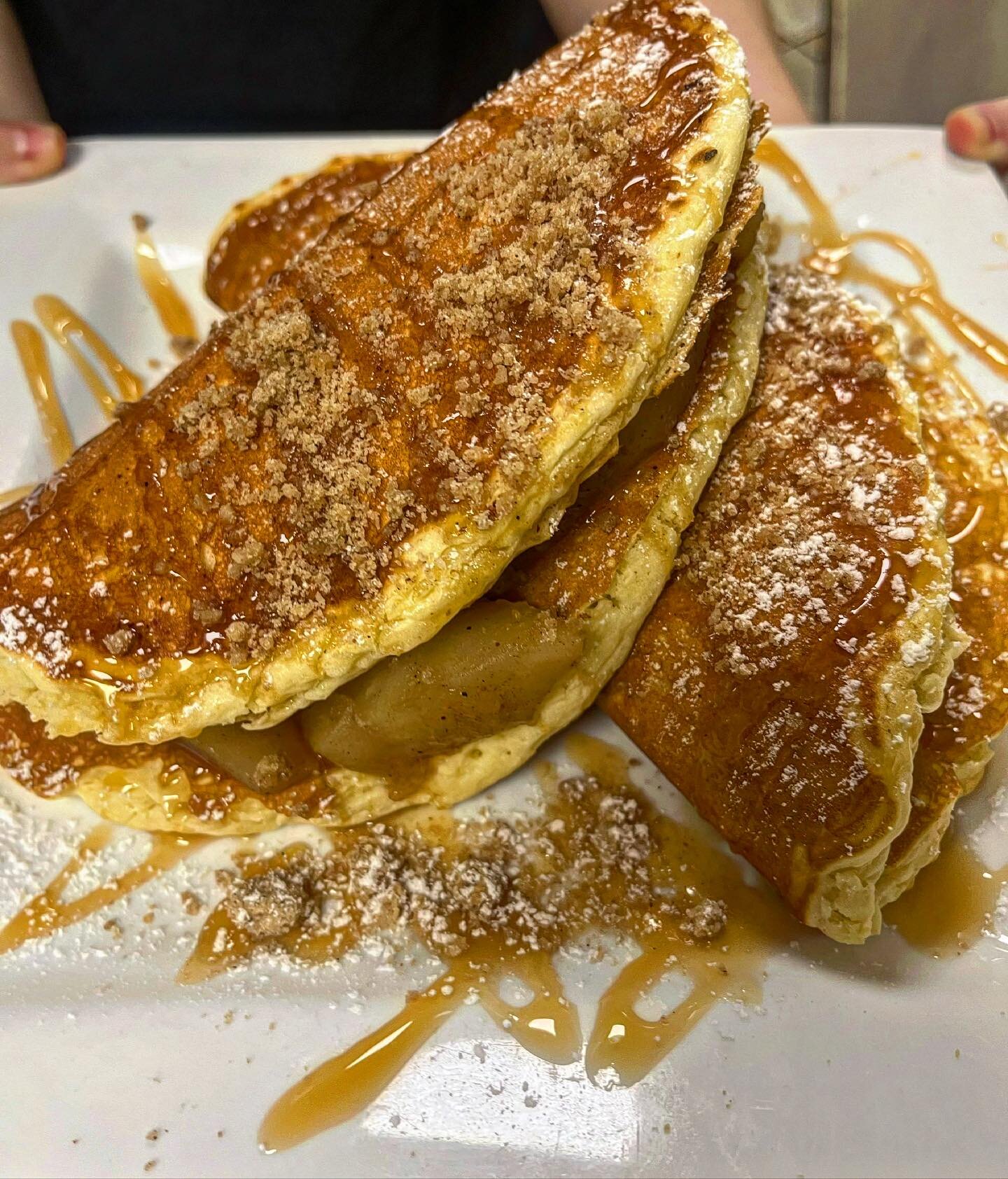 Apple caramel crumb pancakes. So good you won&rsquo;t leave a crumb left. #NoOtherDeli
