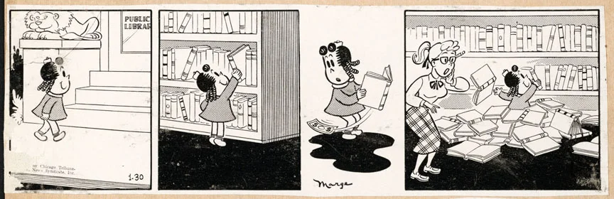 One of many Lulu gags involving libraries. Strip from January 30, 1958. From Chicago Tribune News Syndicate.