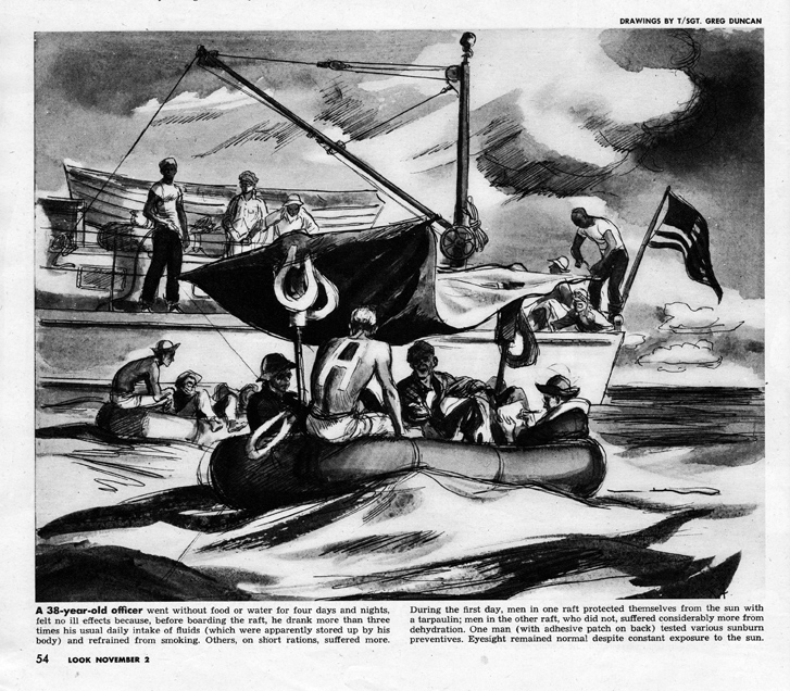 One of Duncan’s illustrations for Look magazine, depicting the survival tests of the rubber rafts. The man with the “A” on his back was testing various sunburn preventions (click to enlarge).