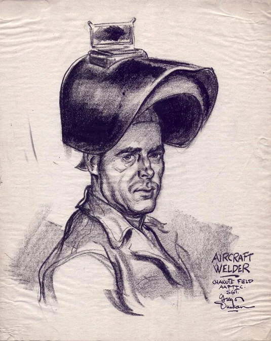 A Duncan drawing of a welder done in crayon