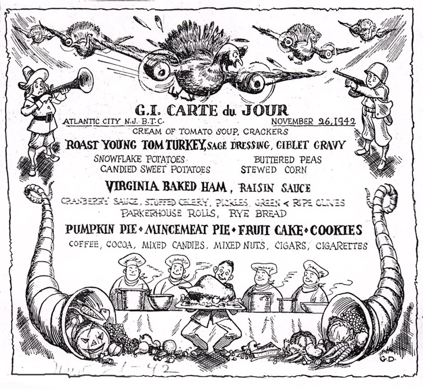 A Thanksgiving menu featuring Duncan artwork (click to enlarge)