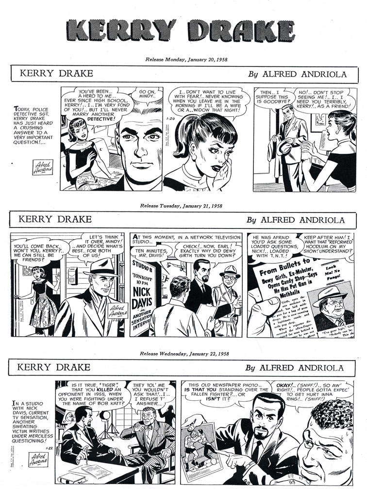 More examples of Eisman's ghosting for Alfred Andriola on Kerry Drake (click to enlarge).
