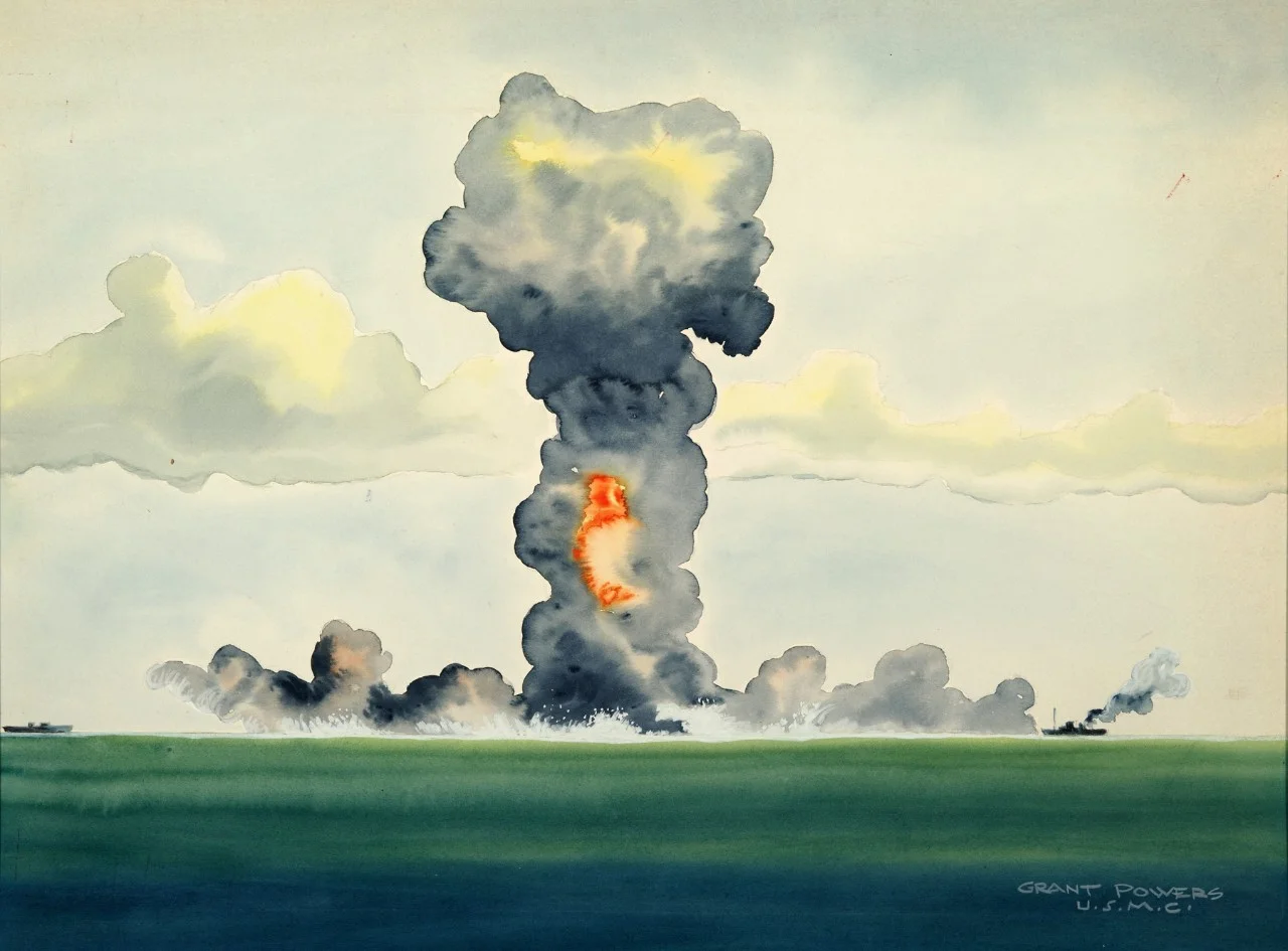 A painting by Grant Powers of an atomic detonation in the Bikini Atoll, 1946.