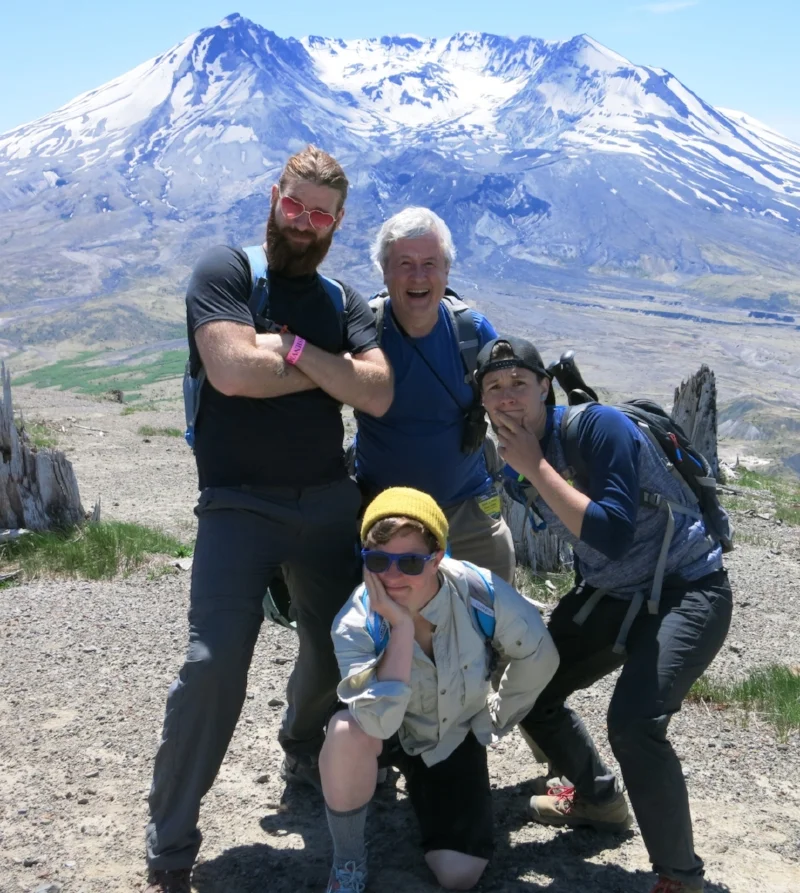 2018 teen backpacking leaders Anthony, Jim, H and Arielle in front, Mt. St. Helens in back