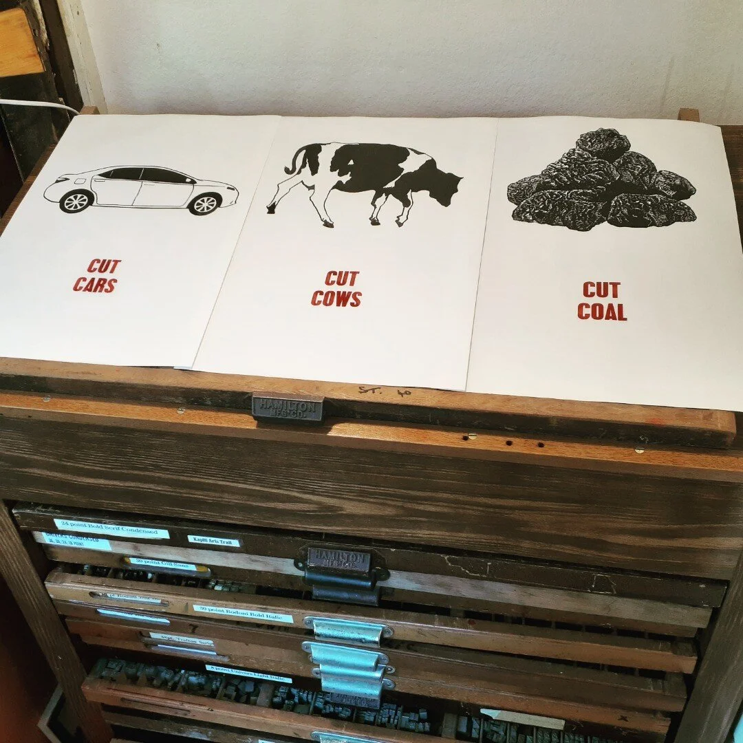 Three rather blunt posters inspired by COP26, linocuts with letterpress, ready for next week's Diatom Press exhibition at Thistle Hall gallery in Wellington (opening at 6 pm on Monday  open Tuesday to Saturday).
#linocut #linocut #climatechange