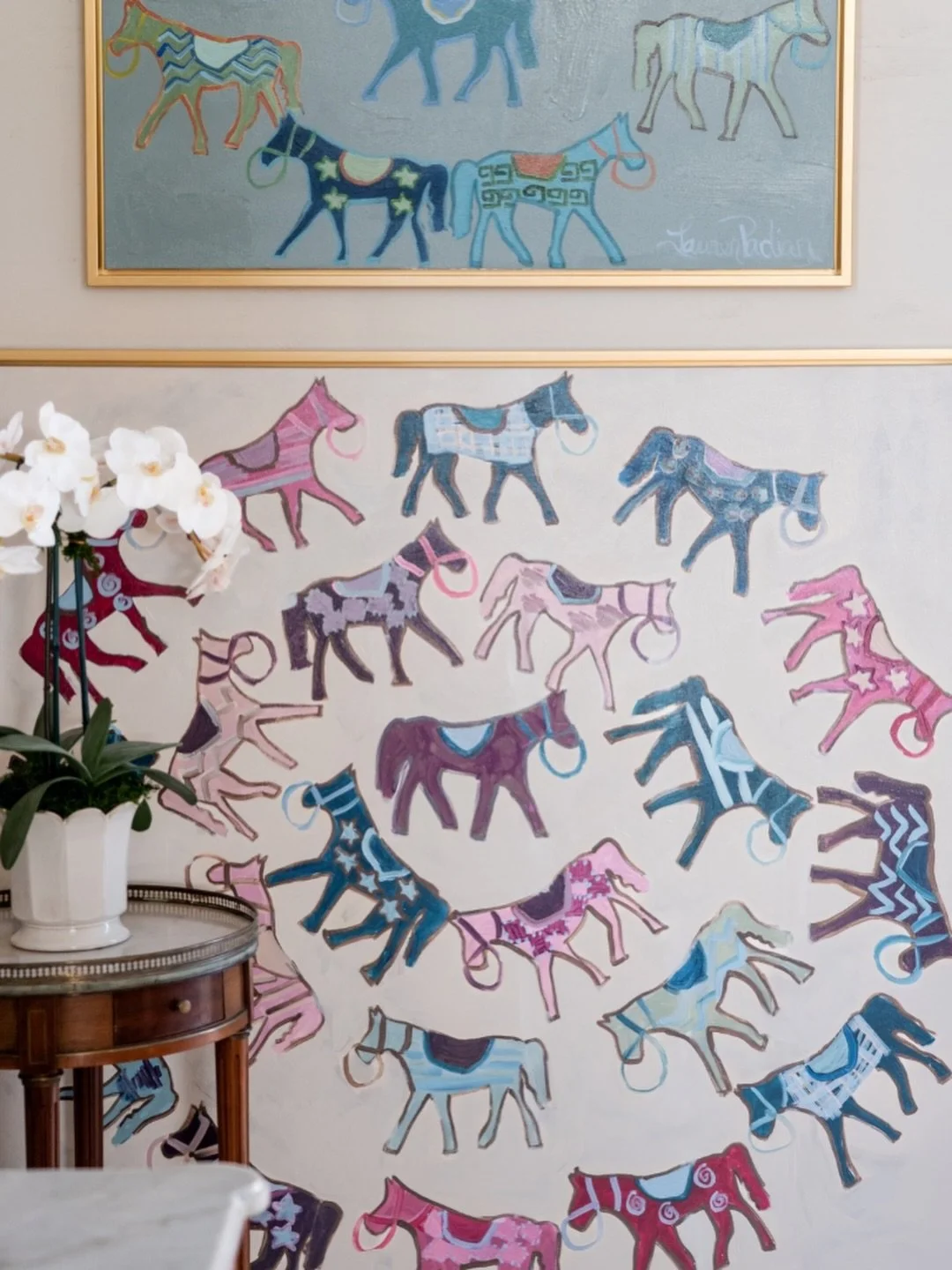 📣Last Day to shop the last 3 pieces left at @maisonmiral @bluehillsatroundtop ! 
Swipe for pictures and more information below 👇🏻 
1. &ldquo;Horse Kaleidoscope, Day&rdquo; 50x50&rdquo; $4900
2. &ldquo;English Roses in Delft&rdquo; 50x62&rdquo; $62