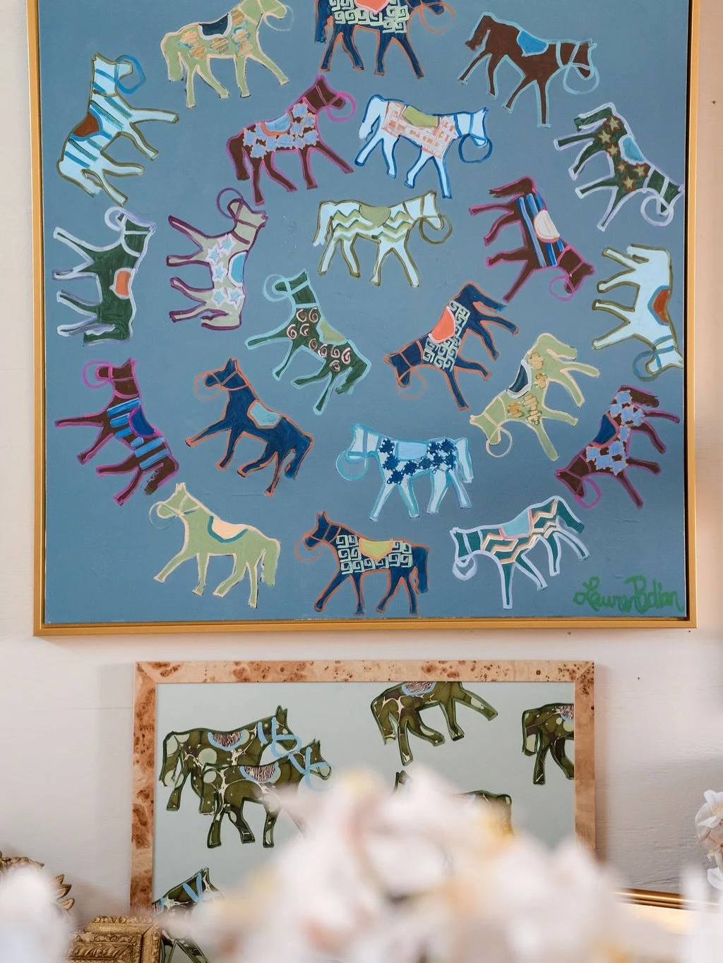A colorful herd 🐎 
.
Both pieces sold this Spring through @maisonmiral 
.
.
.
#laurenpadianart #dallasartist #artforthehome #southernartist