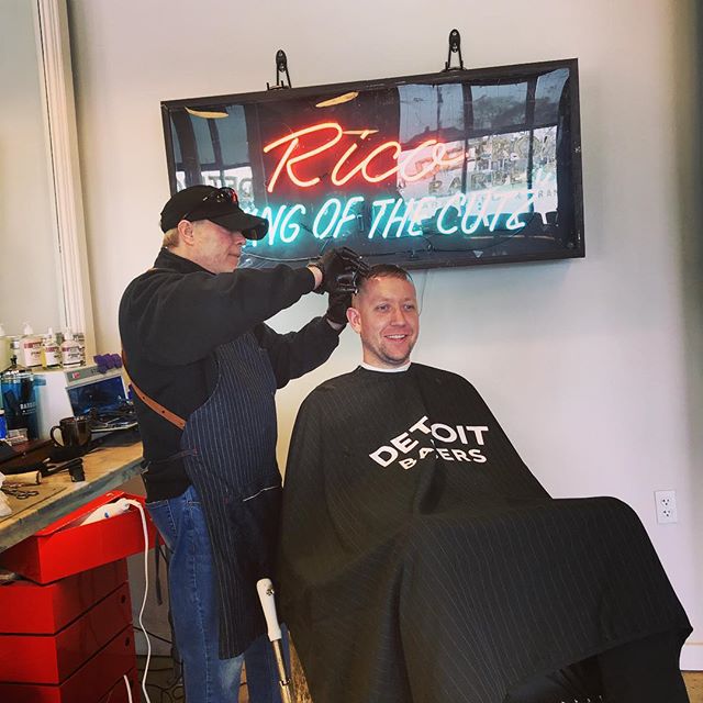 Luke getting cut at @detroitbarberco by @rich_detroitbarbers... Go see &ldquo;Rico, &ldquo;King of the Cutz&rdquo;!!!