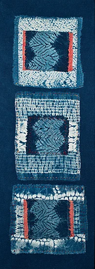 Diana Gipson dianagipson@live.com Indigo Road 14"x30" $400 Japanese shibori design achieved by hand-stitching silk fabric, pulling threads to bind the piece, then dyeing in indigo. Silk background.