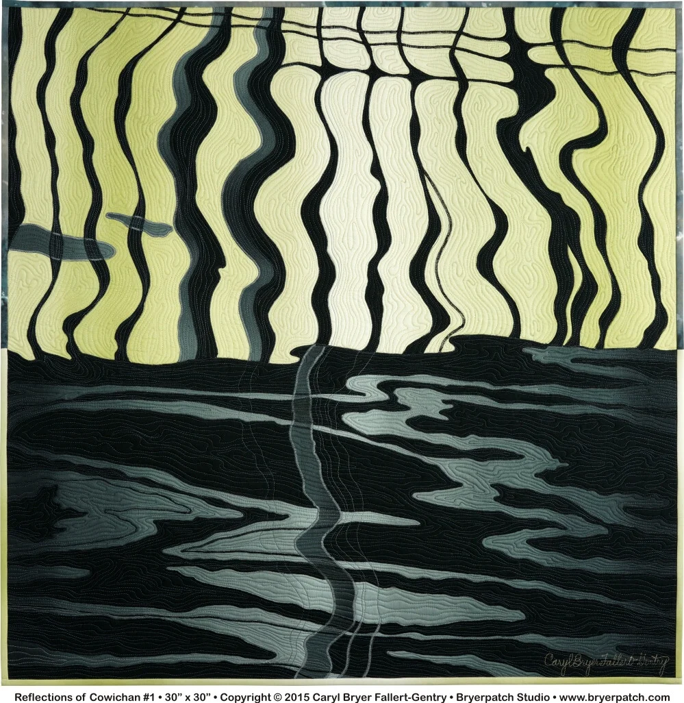 Reflections of Cowichan #1 Caryl Bryer Fallert-Gentry caryl@bryerpatch.com wall quilt 30" x 30" $3,400.00 In the summer of 2013 we charted a boat and went cruising in the San Juan and Canadian Gulf islands. One of our favorite ports was Cowichan, BC, where the harbor was dominated by the headquarters of the Cowichan Wooden Boat Society. The building had railings which cast dramatic shadows in the water beneath. In the late evening, everything was black and white. By zooming in on the reflections I found dramatic images that looked like abstract expressionist paintings. The design for this quilt was inspired by one of my photographs.