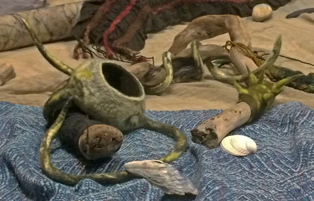 Small Podlike Creature and Friends Michelle Johnson mj@laughingcloudstudio.com laughingcloudstudio.com $175 Small sculptural wet-felted pod, a variety of felted driftwood with various appendages.