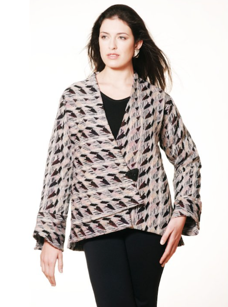 Yoko Jacket 2011| Joyce Wilkerson Port Townsend jwweave@gmail.com Joyce has participated since the start, first showing this jacket made from her hand-woven cotton, rayon, tencel, linen and bamboo fabric. She lent a vest from her closet, made of the same 24-harness complex “Hot Stones” weave, for this exhibit (the jacket is in a private collection). Model: Sarah Cady Sartorius Photo: Valerie Santagto