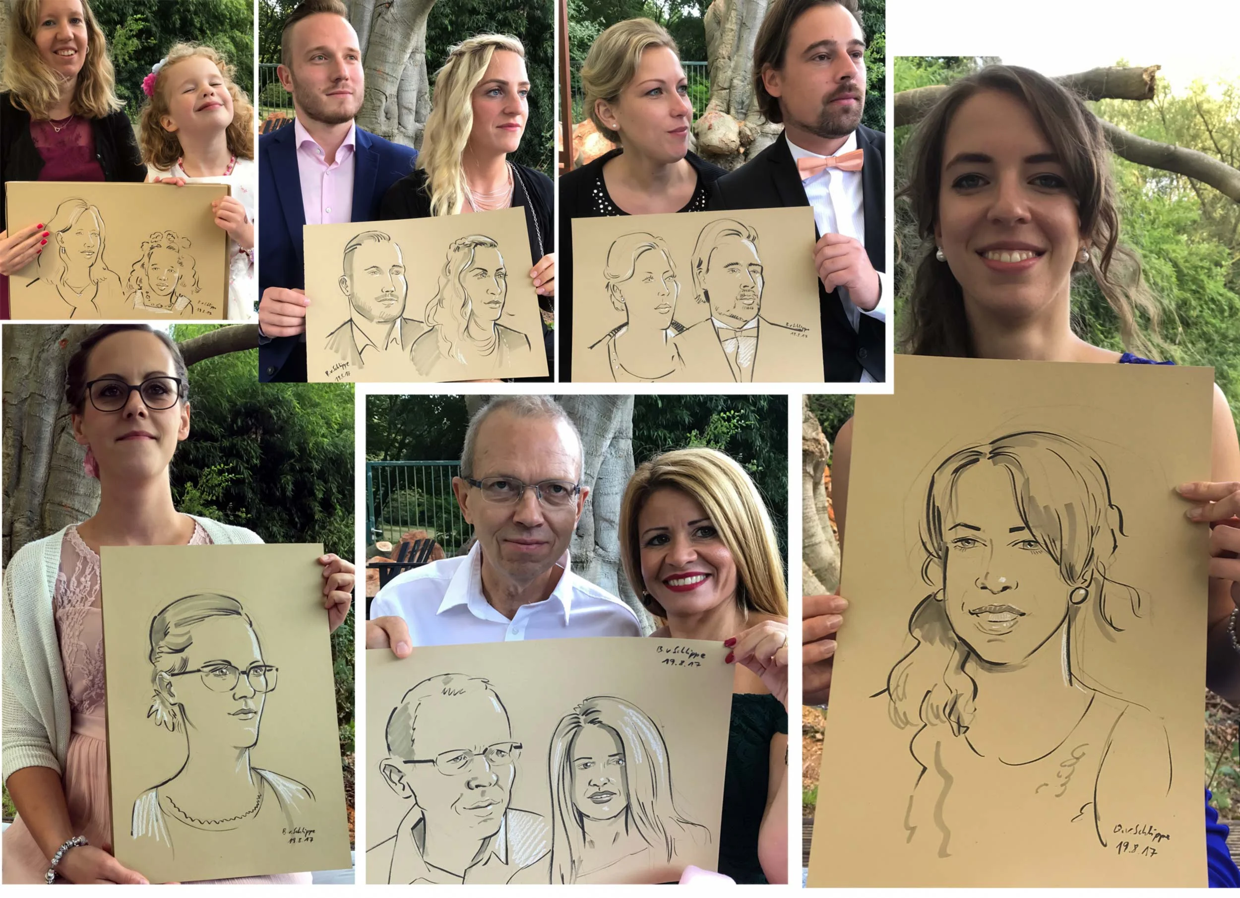 Privat- und Geschäftsfeiern Auf einer Hochzeitsfeier lassen sich die Gäste zeichnen. Leider sind 120 Personen an einem Abend doch zu viel und so muss ich etliche Gäste vertrösten. Ich fotografiere sie und zeichne sie später, allerdings in einem anderem Stil.