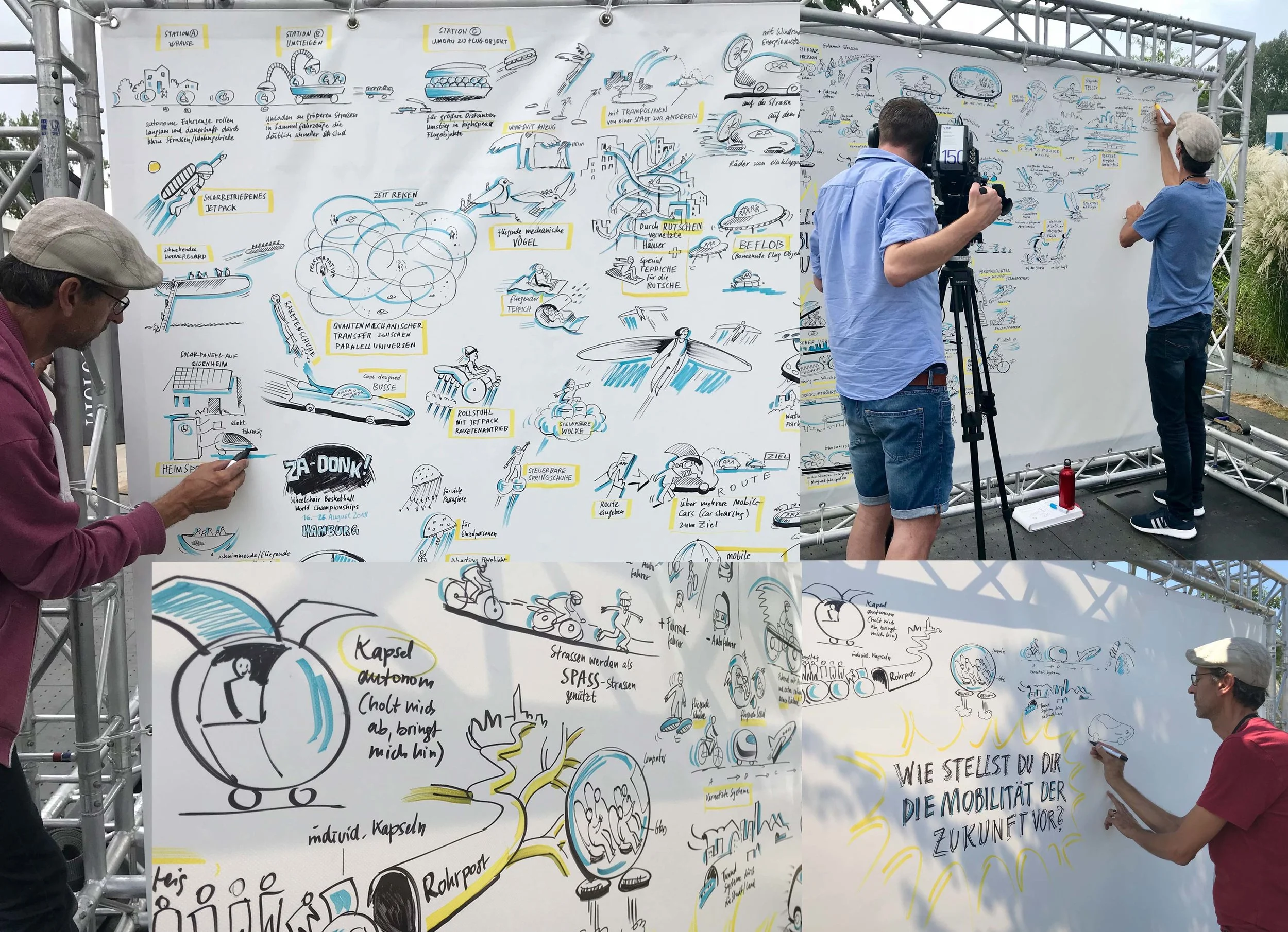 Im Rahmen der Rollstuhlbasketball-WM (ZADONK!) am Mercedes-Benz Stand (Lab1886 der Daimler AG) visualisiere ich, 5 Tage lang, die Ideen der Besucher zur "Zukunft der Mobilität", auf einer LKW Plane. Eine Herausforderung , da es oft regnet, immer stürmisch ist und ständig Besucher (vor allem viele Kinder) um mich herum wuseln.
