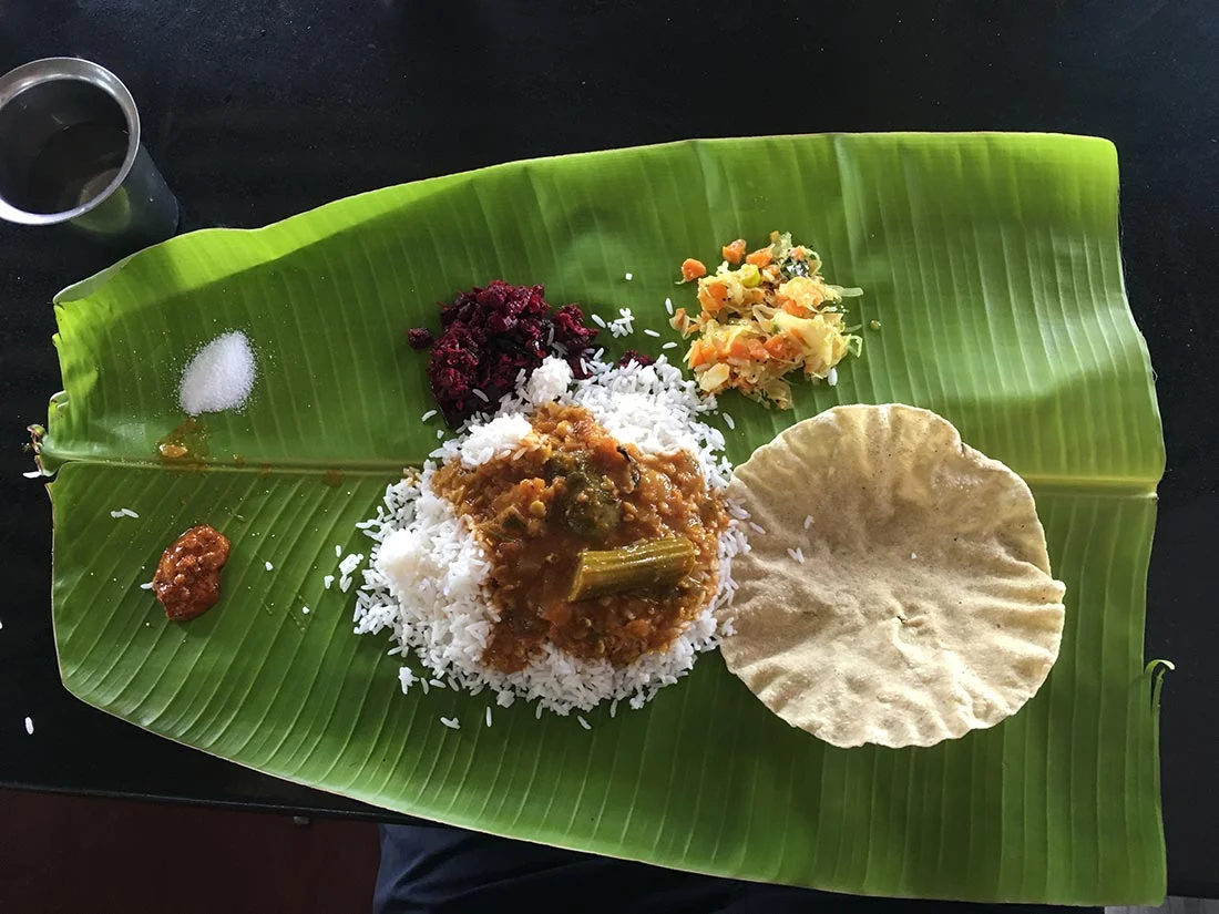 In the state of Tamil Nadu, nearly all meals we’ve had so far have come on a banana leaf. And no cutlery. Have you ever tried eating rice and curry with your hands? It’s tricky. Your papadum only lasts so long…