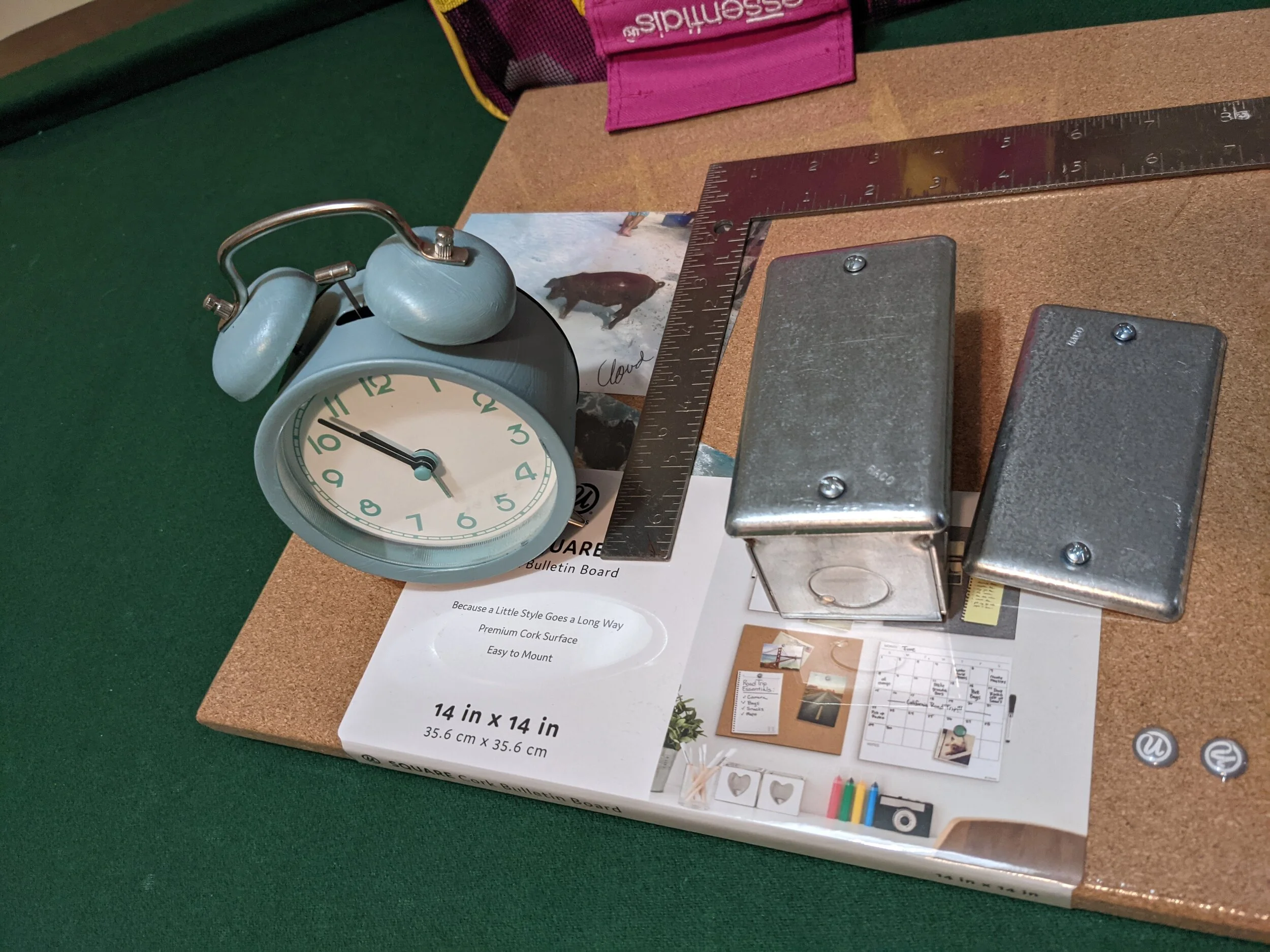  Set decoration details: Clock (painted to match), Jeff Cloud photos, cork board, electrical boxes 