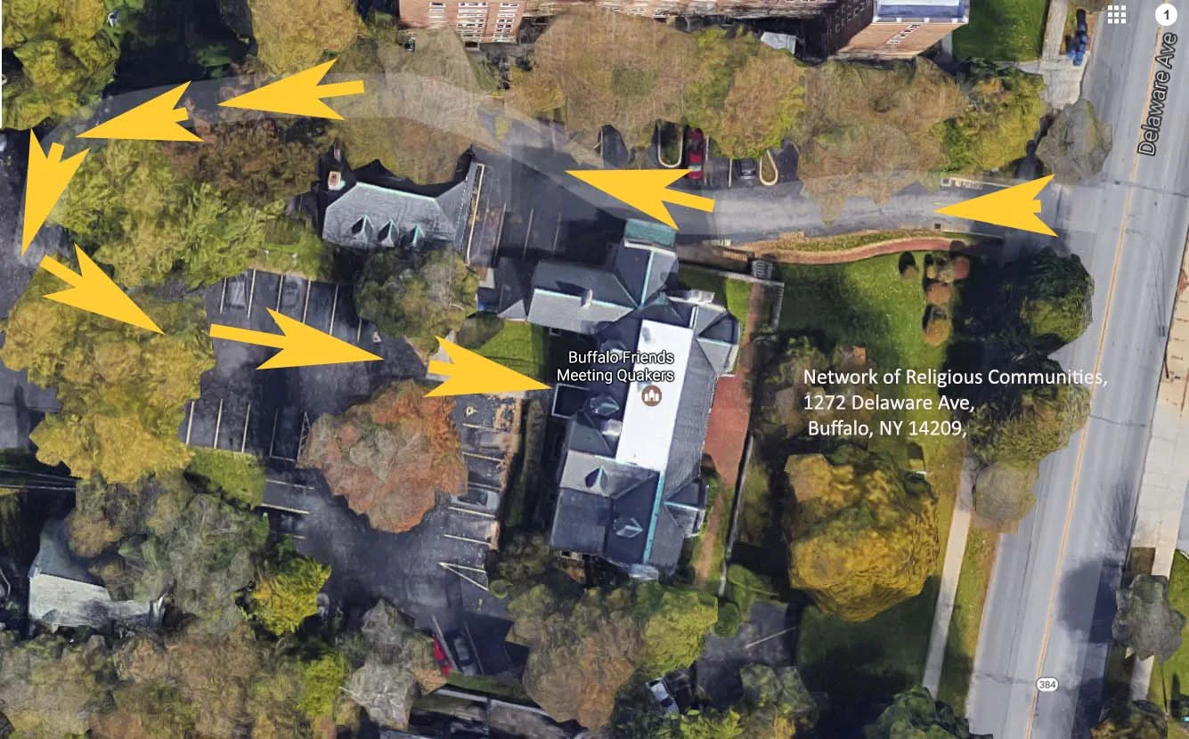 Follow the lane beside the Network of Religious Communities building to the extreme rear. Turn left and find parking in the lot. Enter through the rear door (as shown in the image above) and follow the signage.