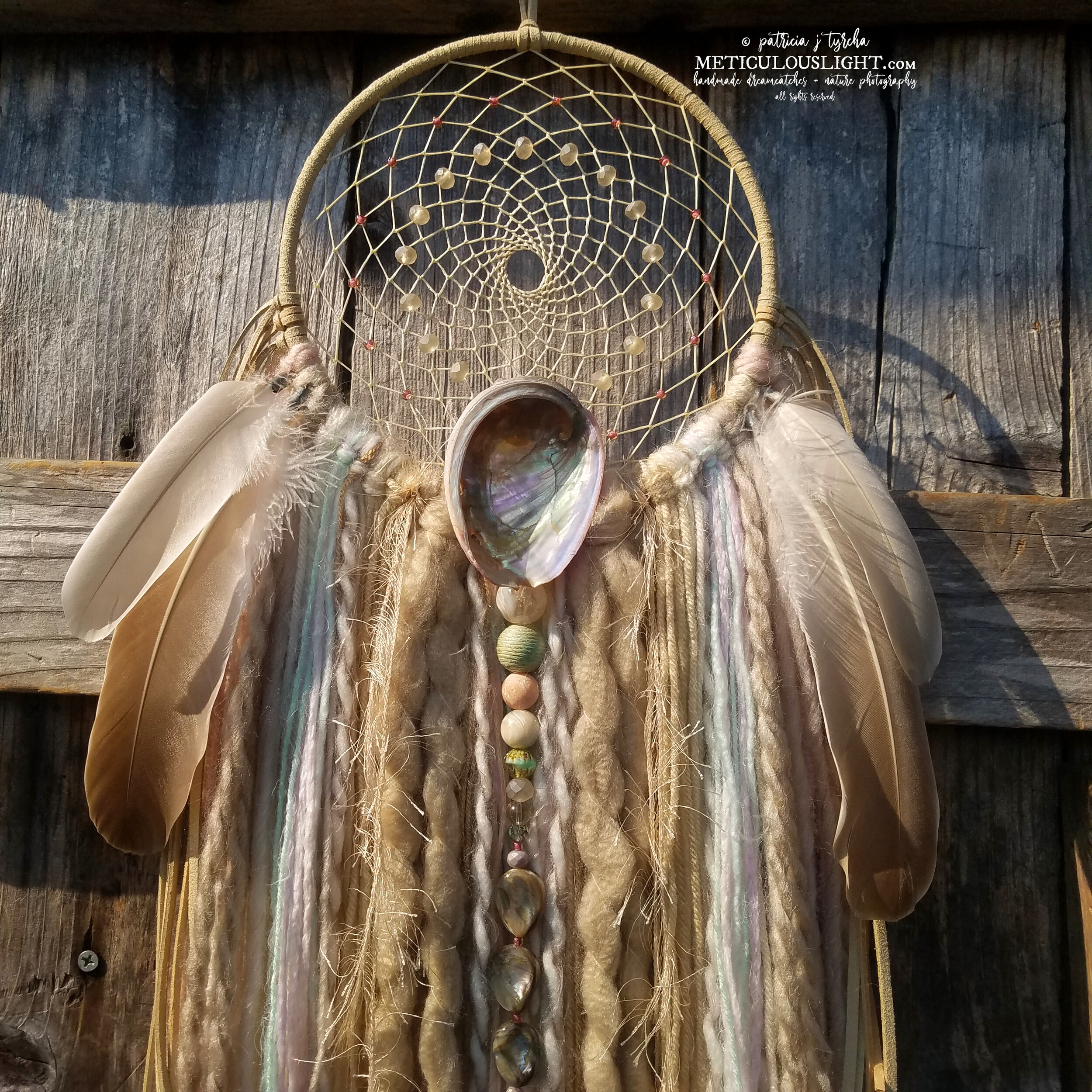 © patricia j tyrcha Abalone Shell Dream Catcher with glass beads, yarn, cruelty free feathers, large ALL RIGHTS RESERVED METICULOUSLIGHT 11w.jpg