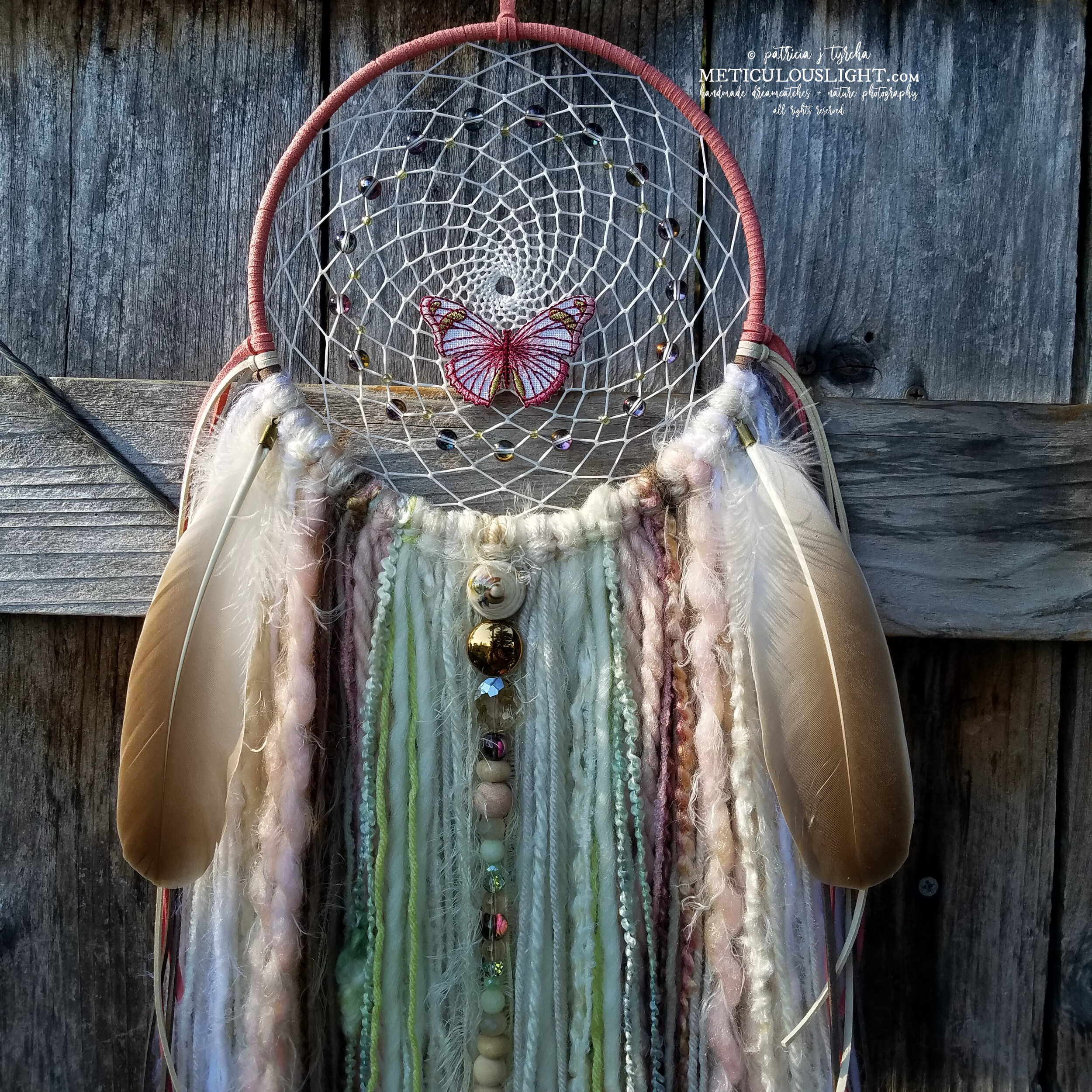 © patricia j tyrcha Colorful Butterfly Dream Catcher with beads, yarn, feathers, sparkle, pastels ALL RIGHTS RESERVED METICULOUSLIGHT6w.jpg