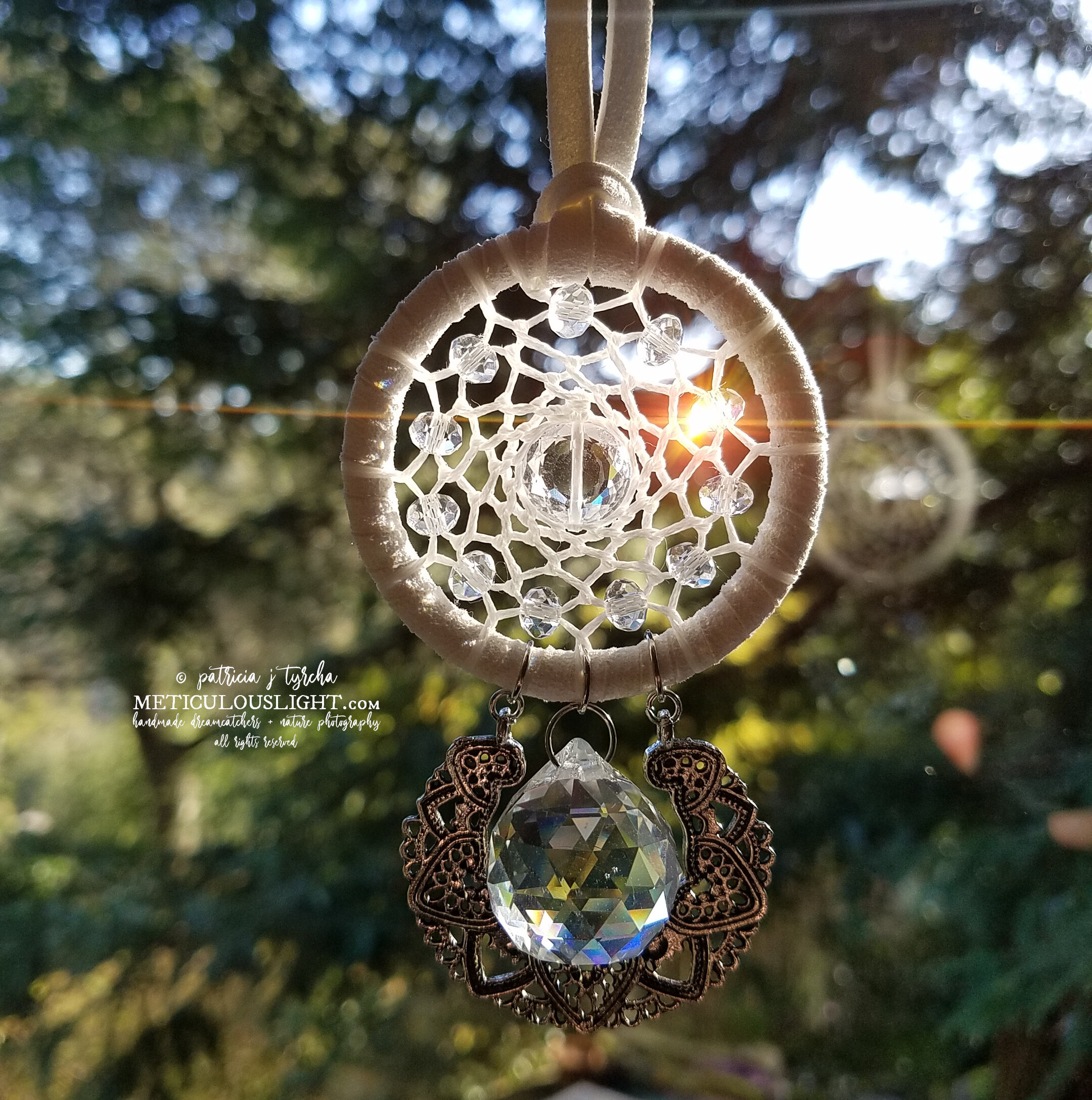 © patricia j tyrcha Silver Mandala Dream Catcher with Crystals, sun catcher, rainbow maker, white, mini, for car, vehicle, rear view mirror ALL RI - Copy.jpg