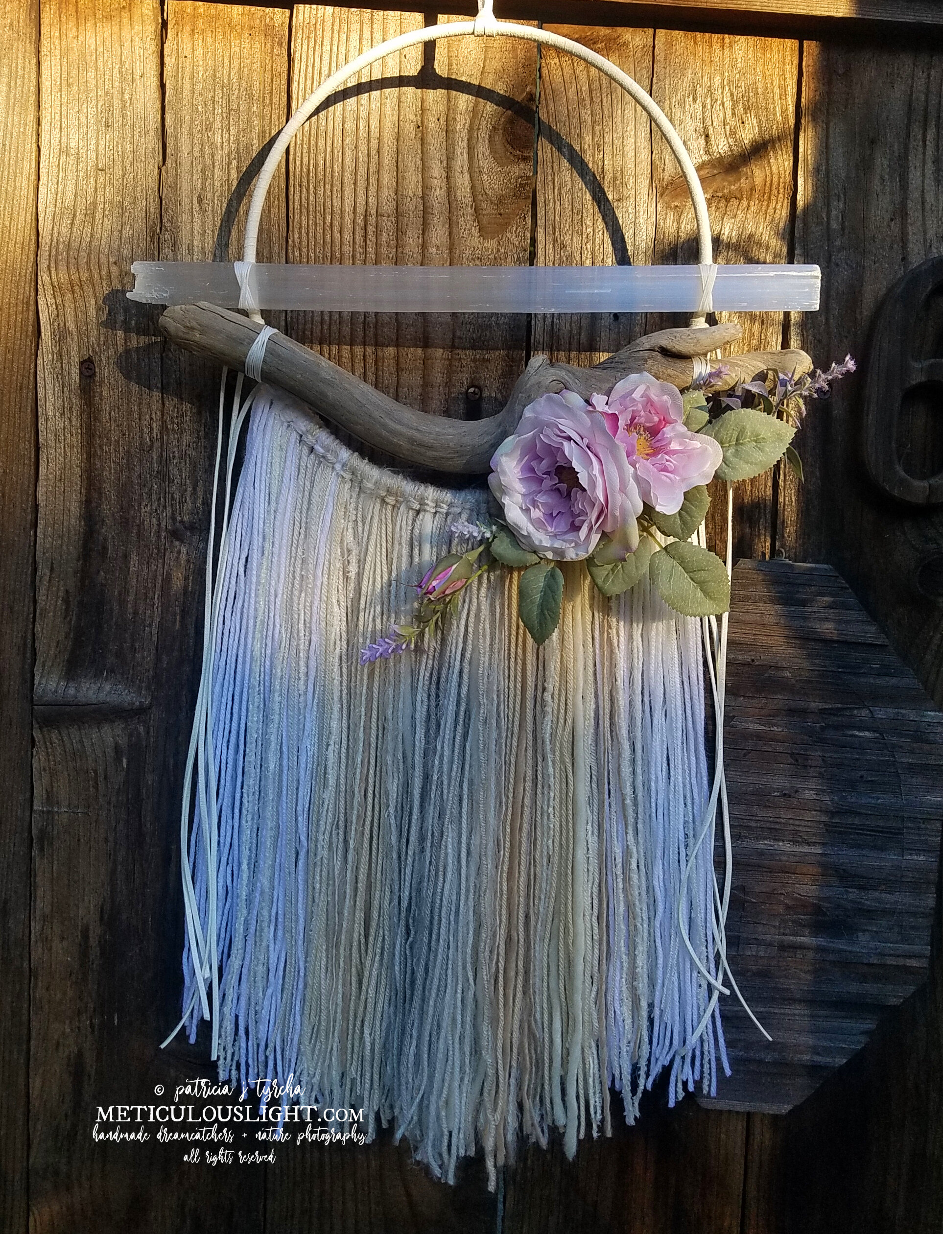 © patricia j tyrcha Selenite Wand, Driftwood, Purple Flowers yarn hang dream catcher, modern, clean, grounding, Bohemian ALL RIGHTS RESERVED5.jpg