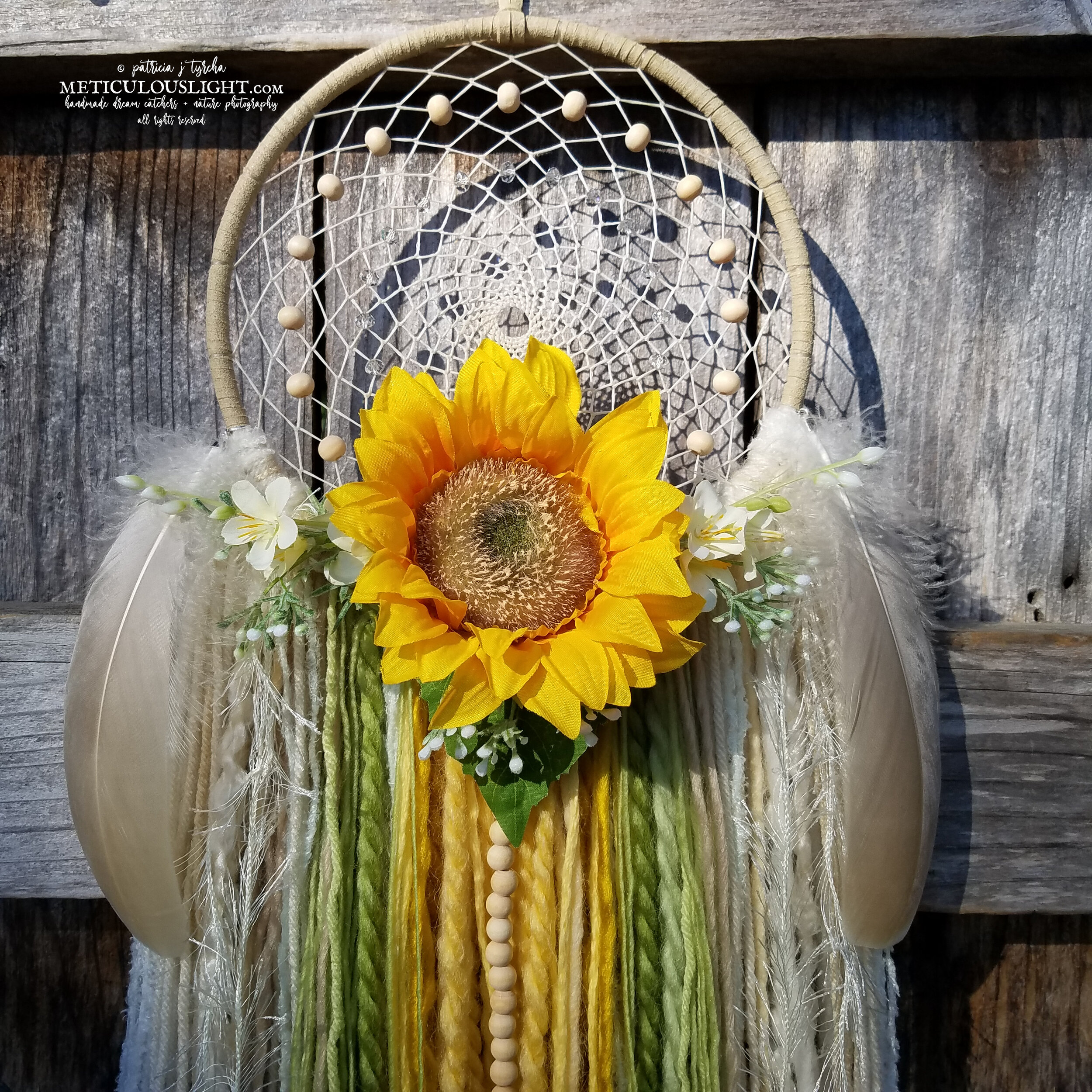 © patricia j tyrcha Sunflower Dream Catcher with crystals, cruelty free feathers, yellow, green, cream ALL RIGHTS RESERVED2 watermarked.jpg