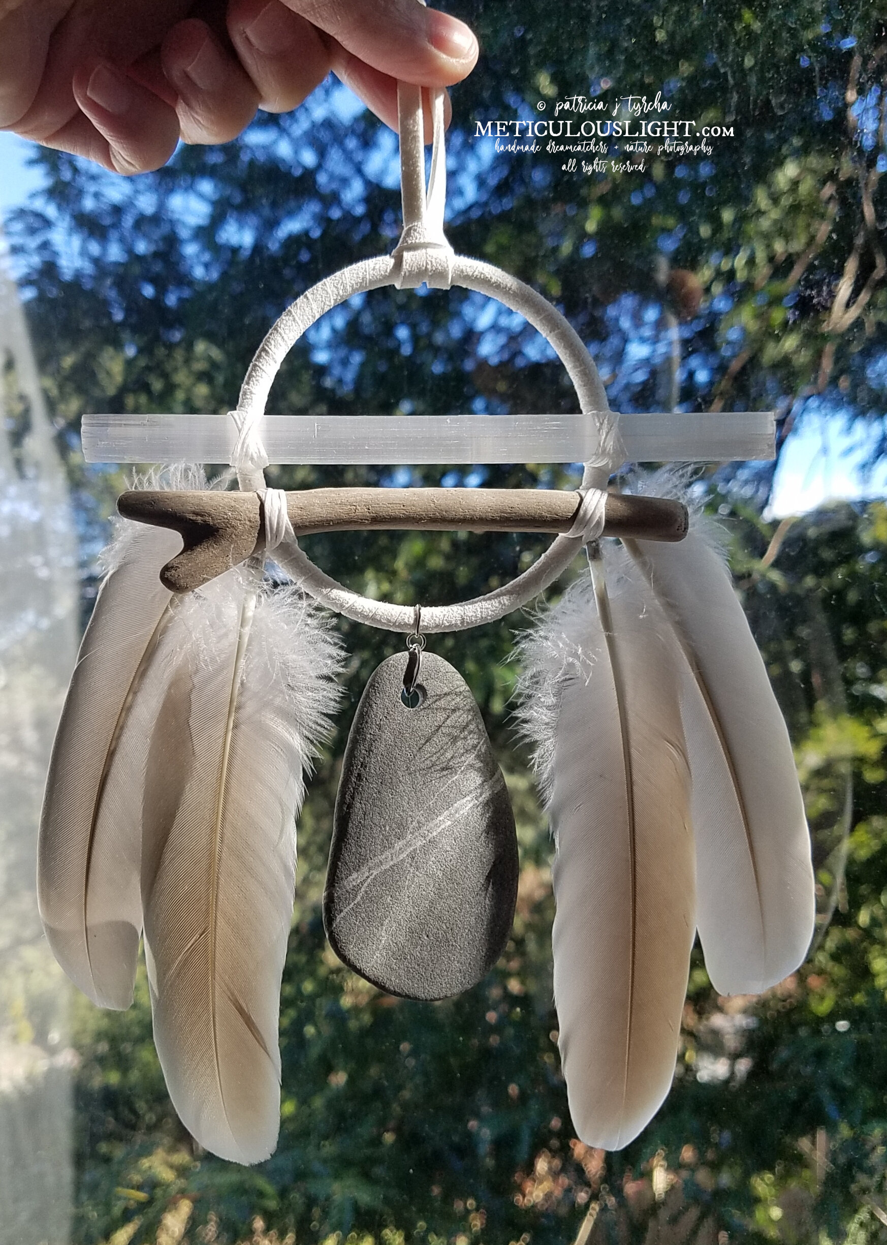 © PATRICIA J TYRCHA white modern dream catcher, Selentie wand, driftwood, natural stone, cruelty free freathers ALL RIGHTS RESERVED 3 - Copy.jpg