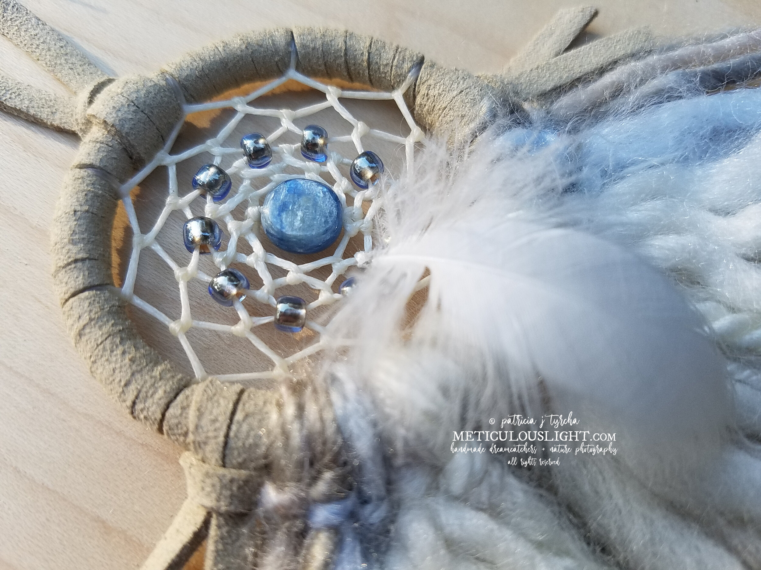 blue dream catcher with yarn Blue Kyanite silver tan cream ALL RIGHTS RESERVED PATRICIA J TYRCHA.jpg