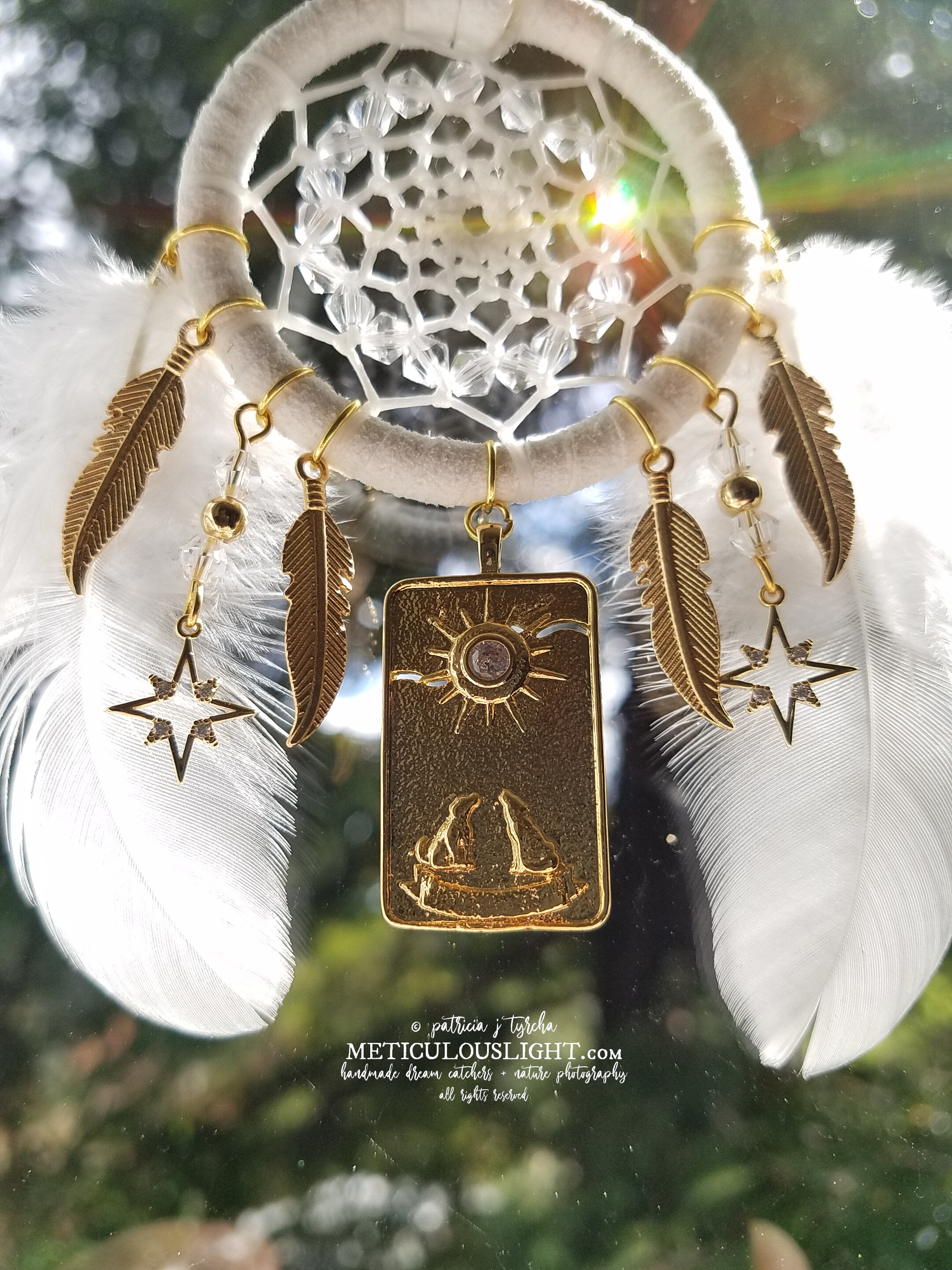 © patricia j tyrcha Gold Tarot Card mini dream catcher, genuine crystals, cubic zarconia diamonds, gold feathers W ALL RIGHTS RESERVED 2.jpg