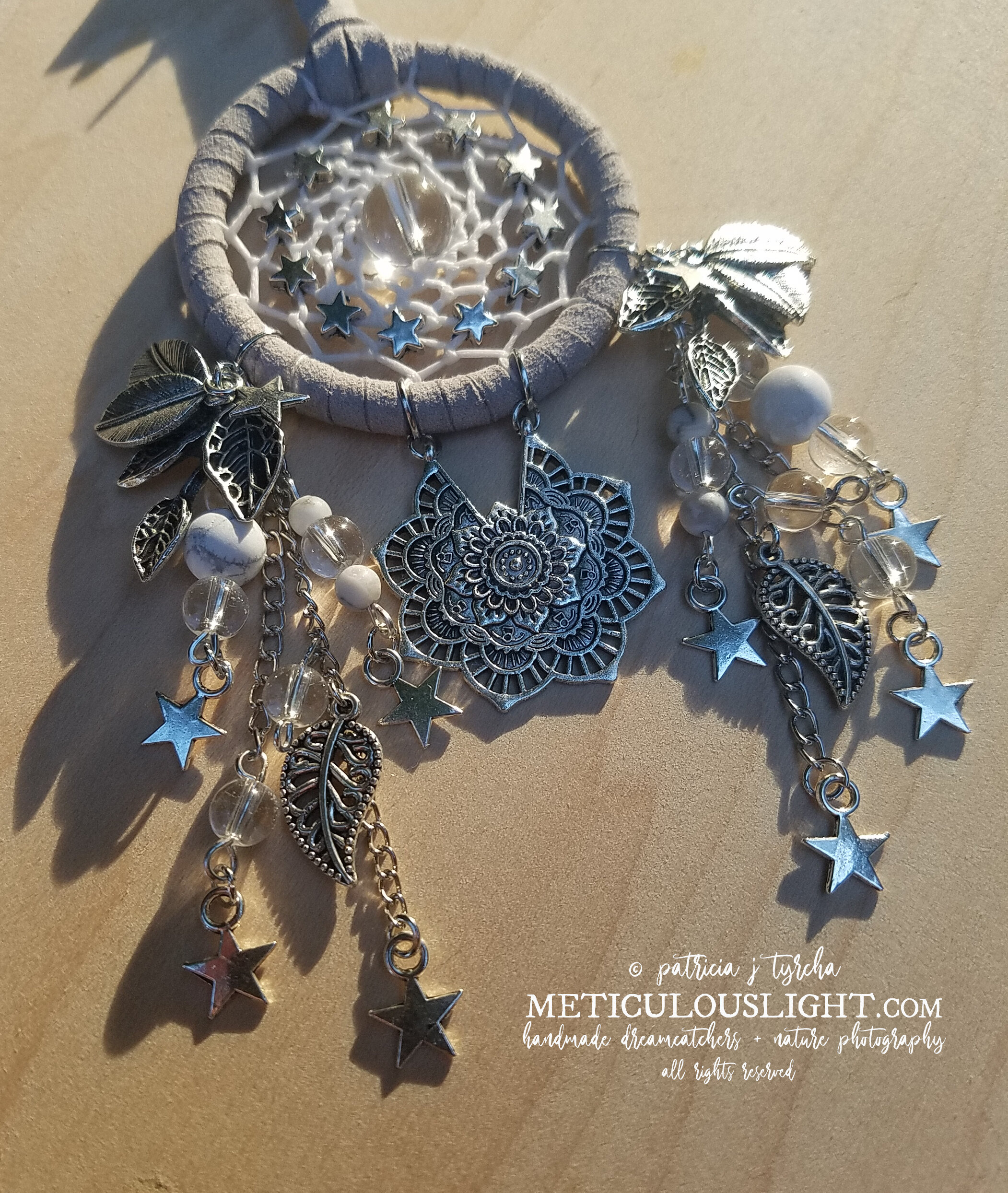 silver and gray mandala star leaf charm dream catcher with Howlite and clear Quartz beads ALL RIGHTS RESERVED PATRICIA J TYRCHA JAN 31, 2021.5.jpg