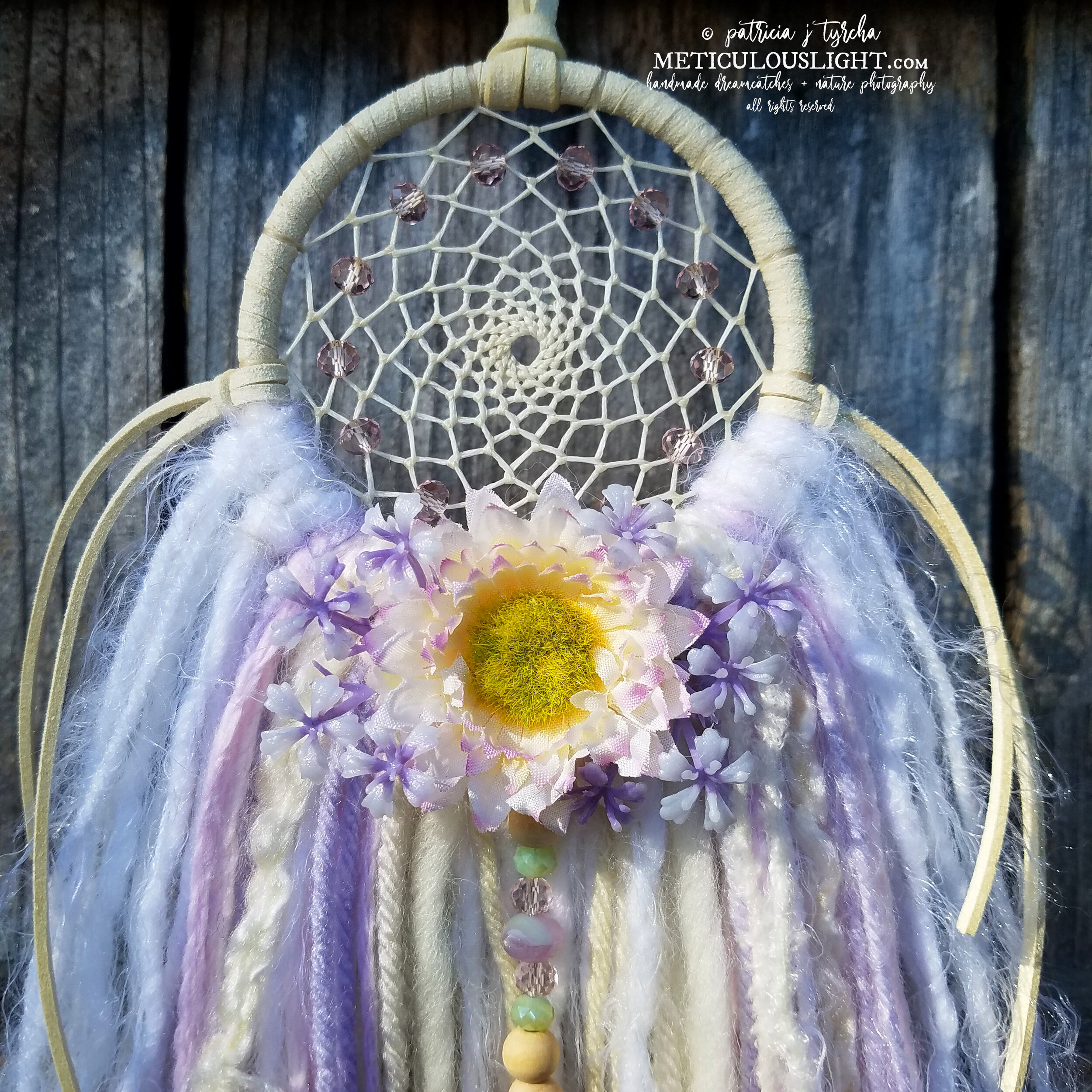 © patricia j tyrcha Pink + Purple Dream Catcher with little flowers, yarn, beads, crystals ALL RIGHTS RESERVED METICULOUSLIGHT 7w.jpg