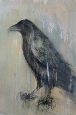  "Pool Raven," 2013 Coffee, beeswax, and Korean watercolor on archival pigment print 20 x 16 