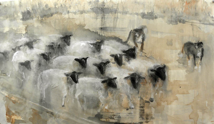  "Herd Dogs Herding," 2010 Korean watercolor on Japanese paper 16 x 28    