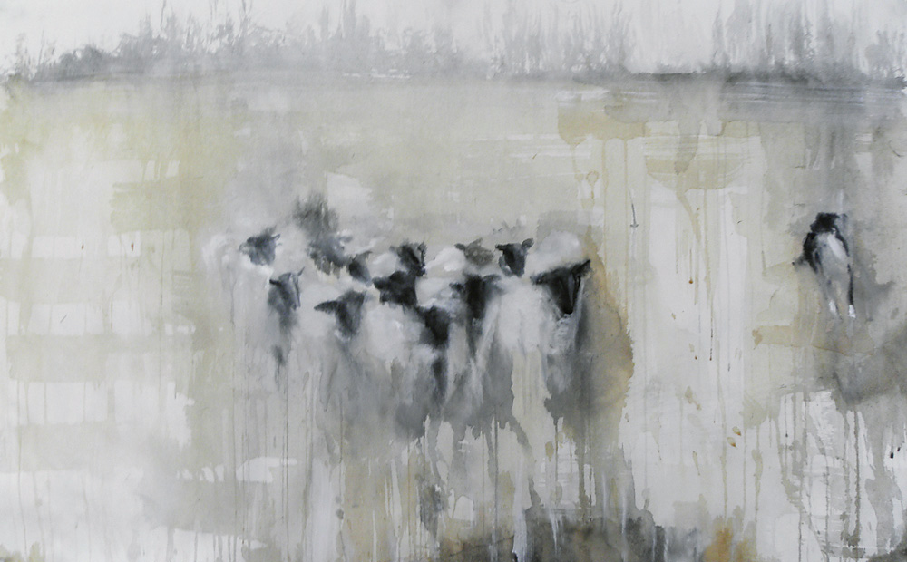  "Herding," 2010 Korean watercolor, sumi-e ink, and coffee on Japanese paper 24.5" x 39"    