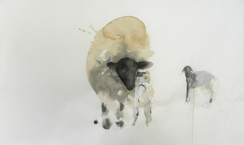  "Lamb for Gaines," 2010 Korean watercolor, sumi-e ink, and coffee on Japanese paper 24.5" x 39"    