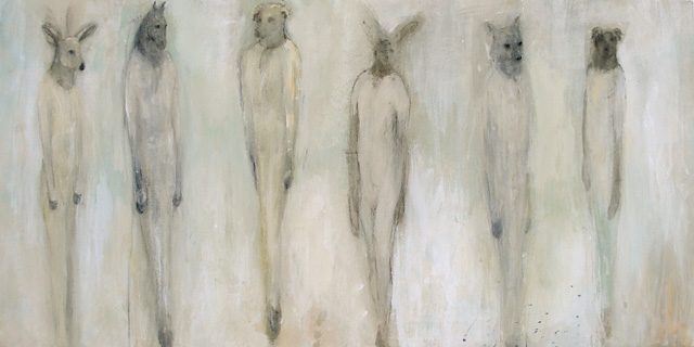  "Change of Coat," 2009 Casein, charcoal, rabbit skin glue, and paper on wood 24 x 48 x 1    