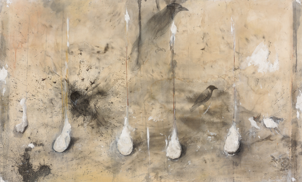  "Feet First," 2005 Sumi Ink, Gouache, Plaster on Paper 53"x32"    