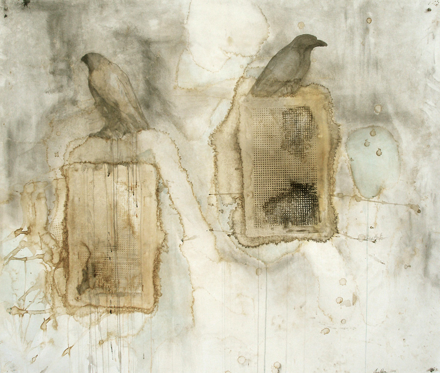  "Hawk/Raven (Philip Guston)," 2008 Coffee, ink, and pigment on Arches paper 48 x 52   