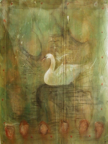  "Bird Map / Swan", 2002 Casein and ink on paper 30" x 22" 