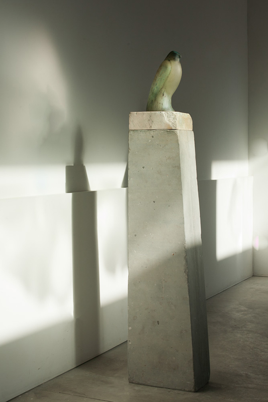  "Celadon Bird," 2011 Hand blown pigmented glass and limestone 63 x 8 x 14 inches      
