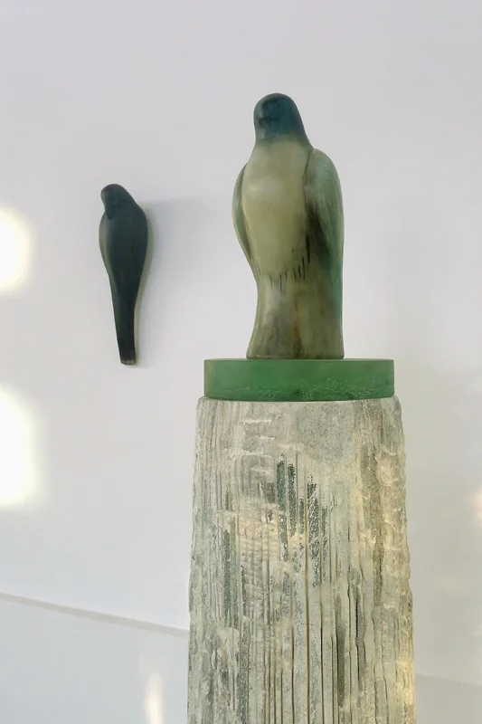  "Chinese Celadon," 2012 Hand blown pigmented glass, kiln cast glass, Chinese sumi-e ink on pigmented limestone 63 x 8 x 14 inches      