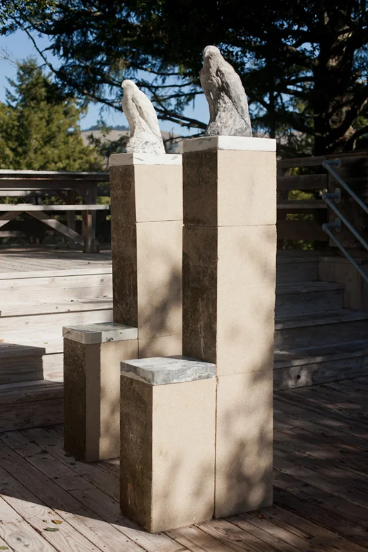  "White Knight" and "Jewish Bride,” 2011  Pigmented limestone and kiln cast glass  68 x 11 x 24 inches (each)  