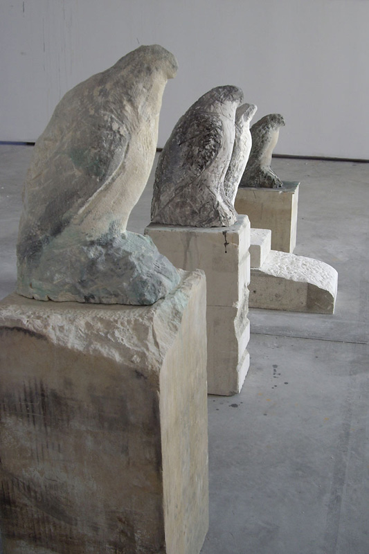  "Osprey," "Egyptian Falcon," "Bird Man," "Amber," 2007 Provencal limestone, casein, and sumi ink Installation, dimensions variable      